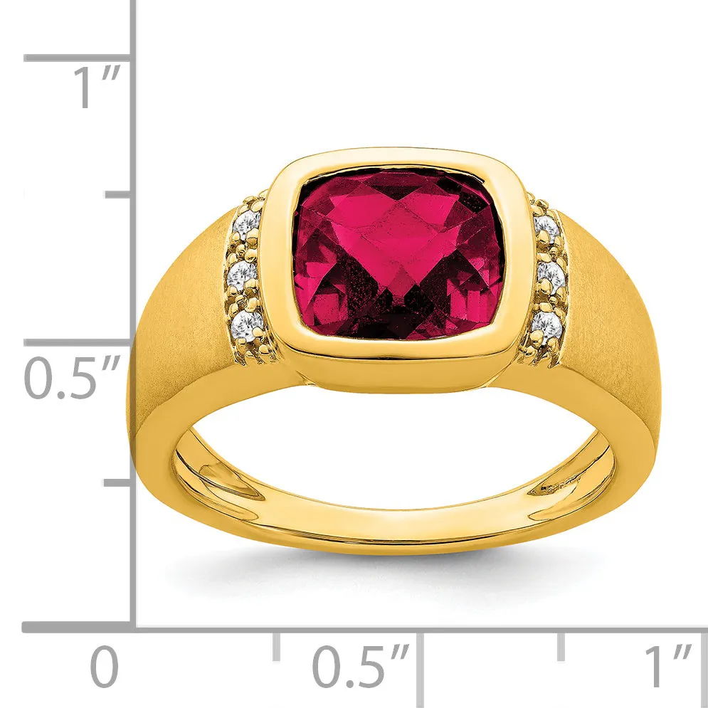 14k Yellow Gold Created Ruby and Diamond Men's Ring.