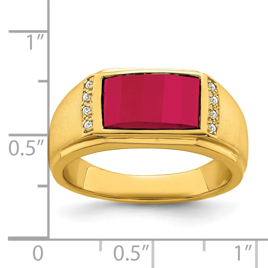 14k Yellow Gold Created Ruby and Diamond Men's Ring.