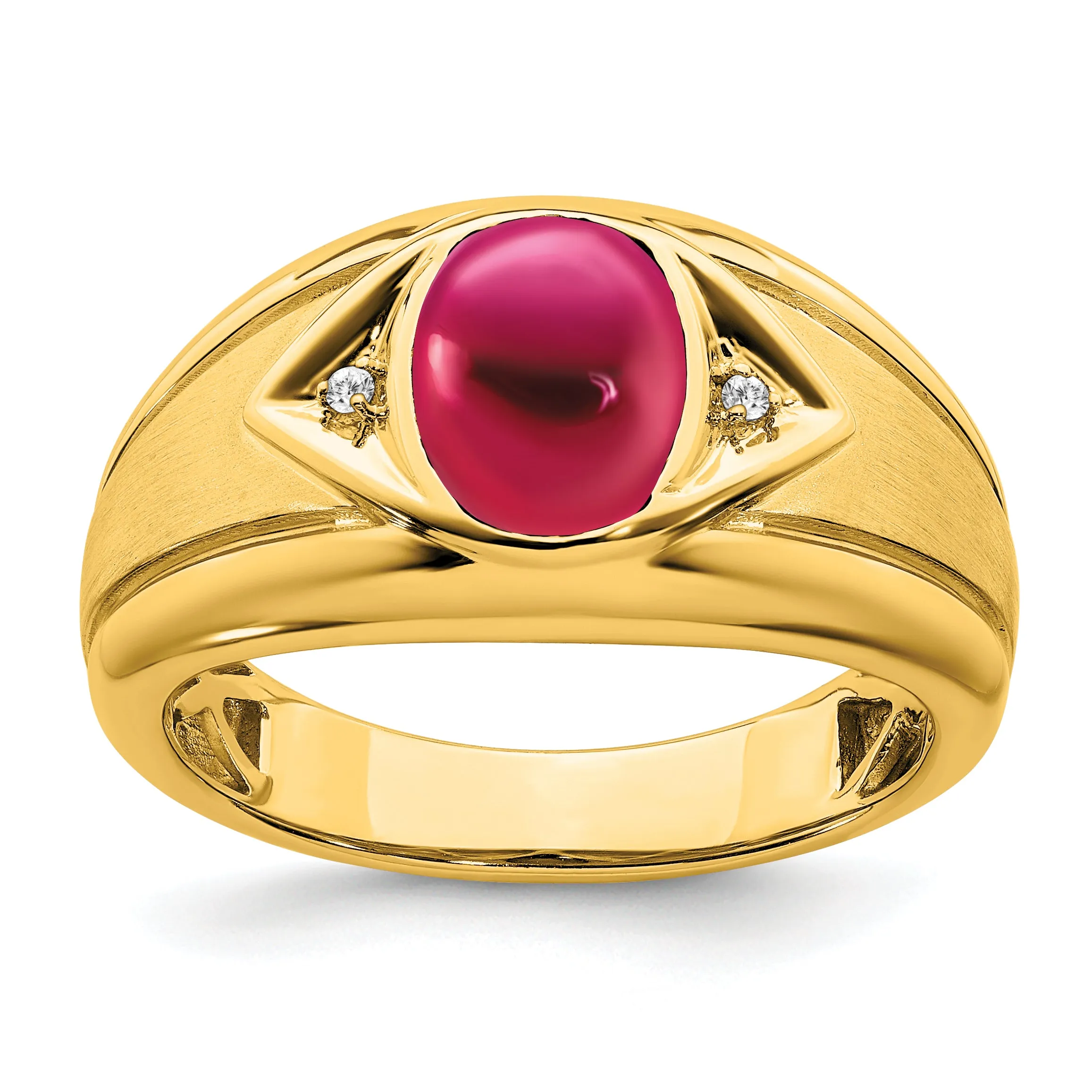 14k Yellow Gold Created Ruby and Diamond Men's Ring.