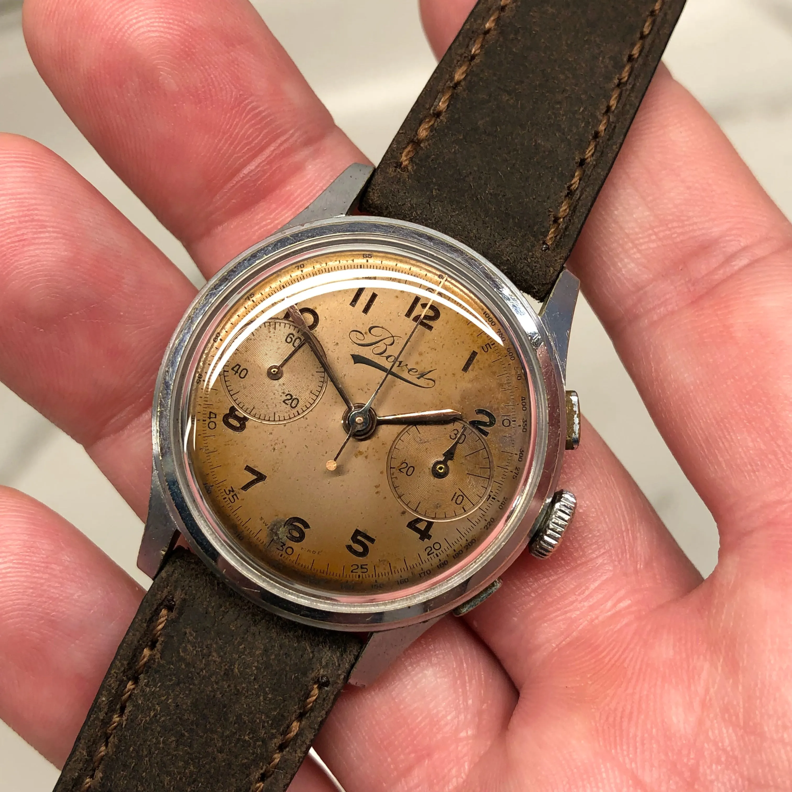 1950s Vintage Bovet Chronograph Manual Wind Tropical Patina Wristwatch
