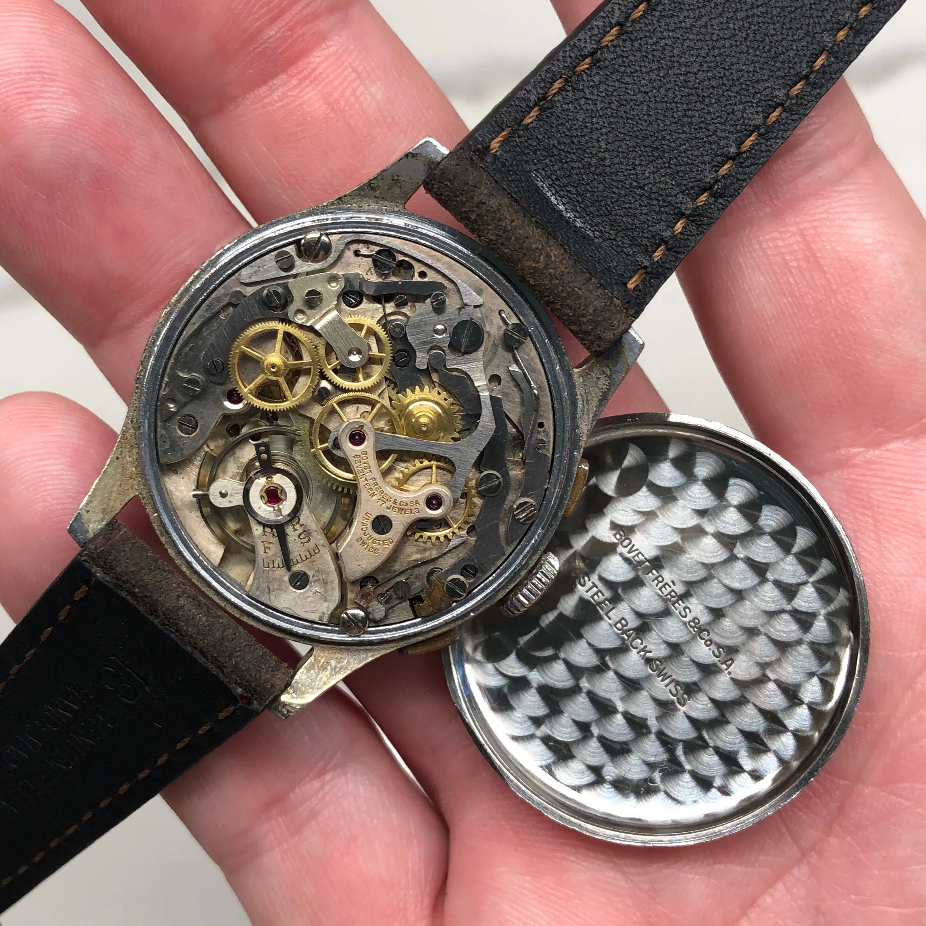 1950s Vintage Bovet Chronograph Manual Wind Tropical Patina Wristwatch