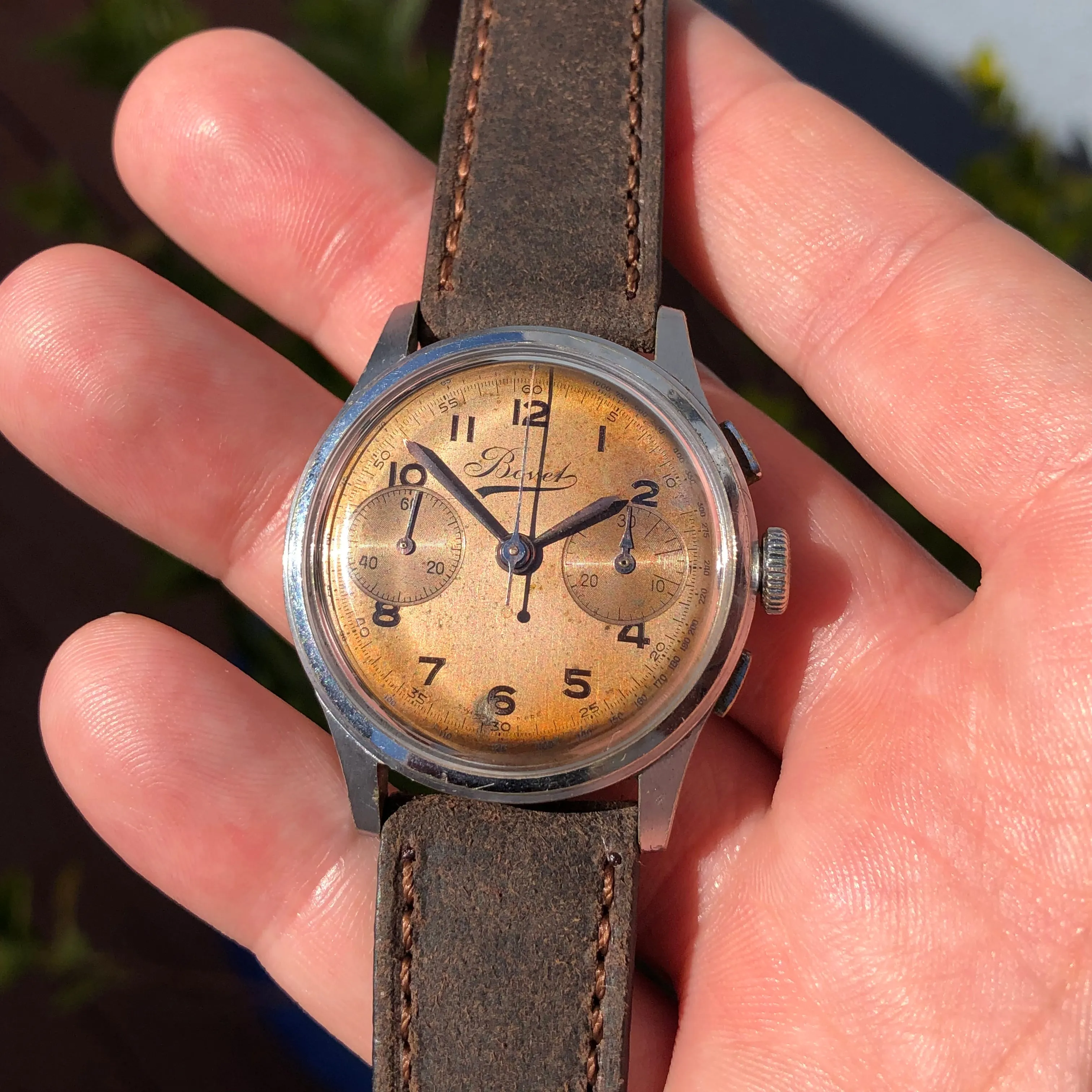 1950s Vintage Bovet Chronograph Manual Wind Tropical Patina Wristwatch