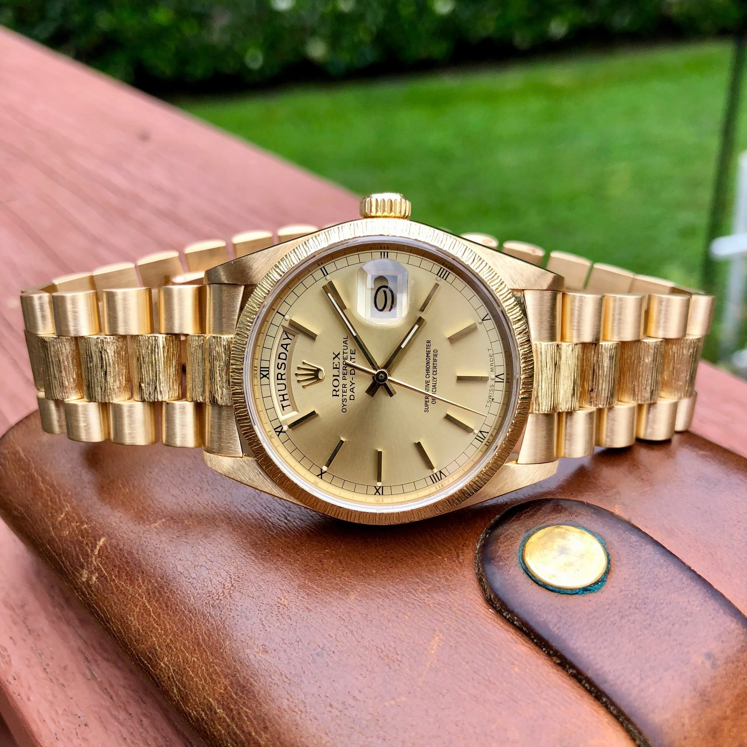 1985 Rolex President 18038 Bark Day Date 18K Yellow Gold Wristwatch