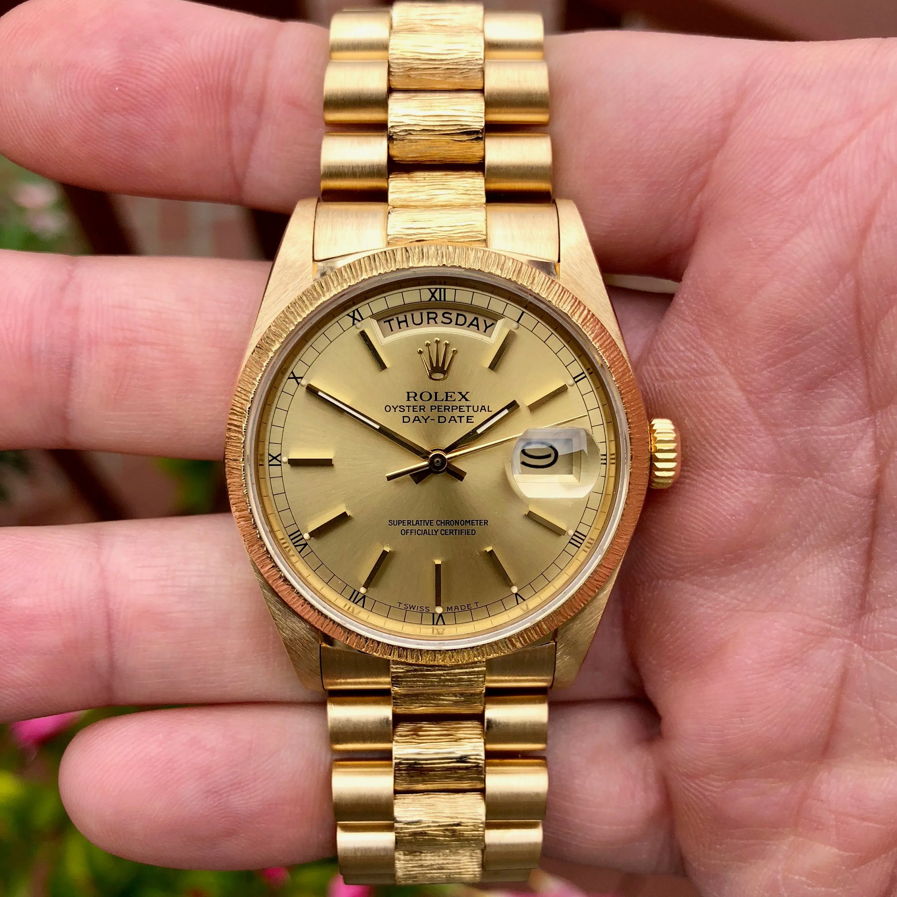 1985 Rolex President 18038 Bark Day Date 18K Yellow Gold Wristwatch