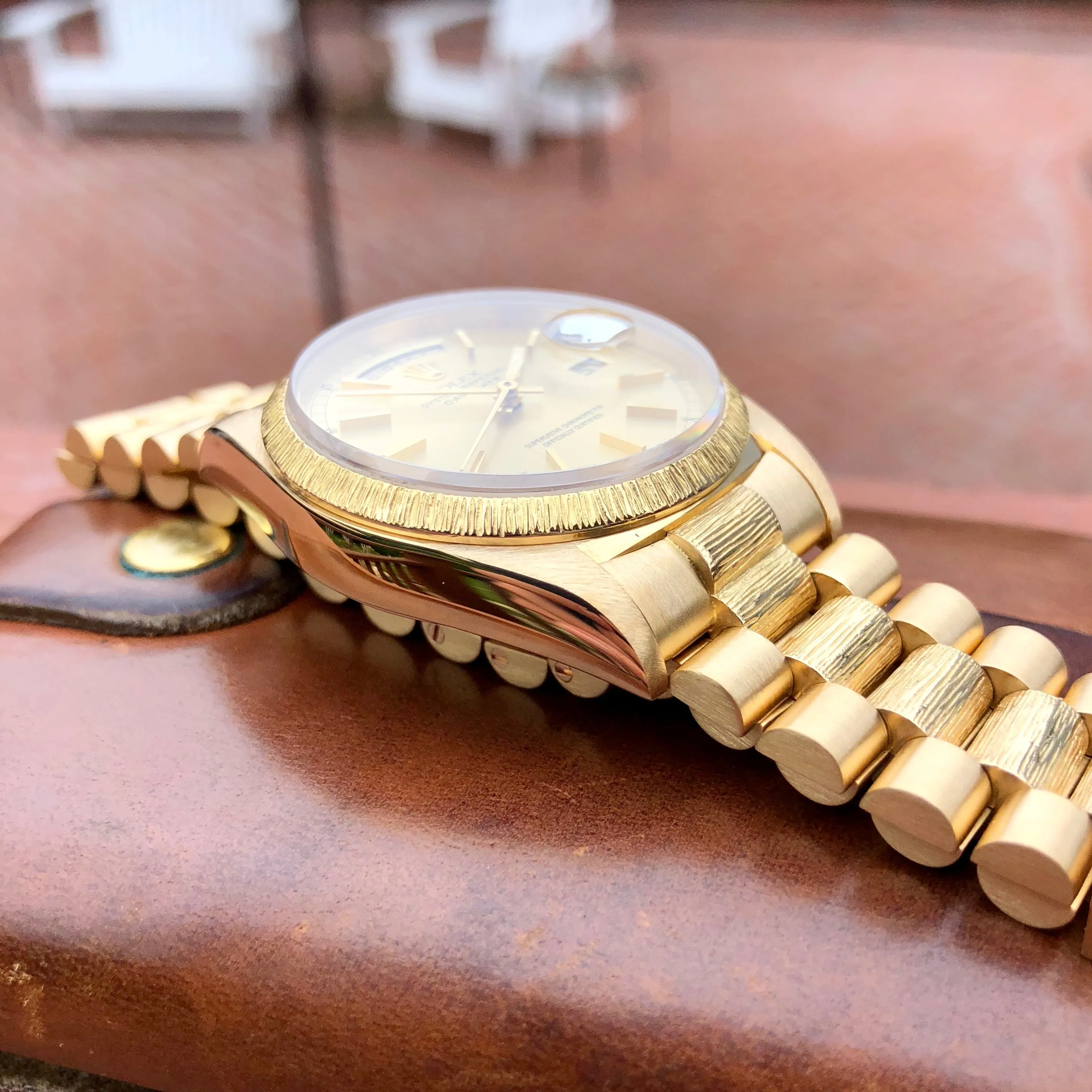1985 Rolex President 18038 Bark Day Date 18K Yellow Gold Wristwatch