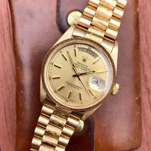 1985 Rolex President 18038 Bark Day Date 18K Yellow Gold Wristwatch