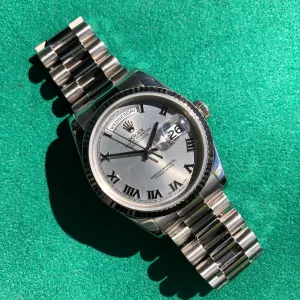 2003 Rolex President 118239 Day Date 18K White Gold Silver Roman Wristwatch
