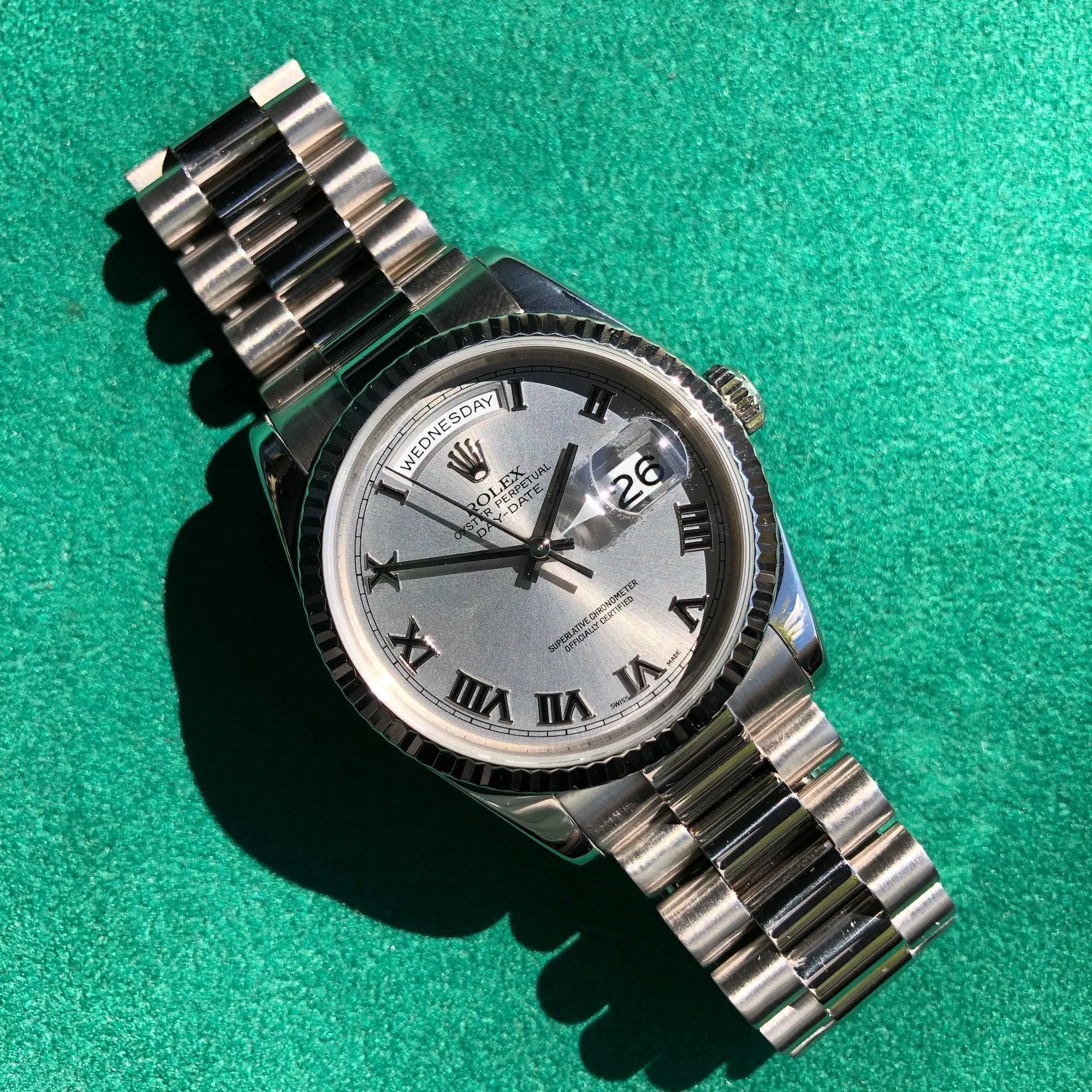 2003 Rolex President 118239 Day Date 18K White Gold Silver Roman Wristwatch