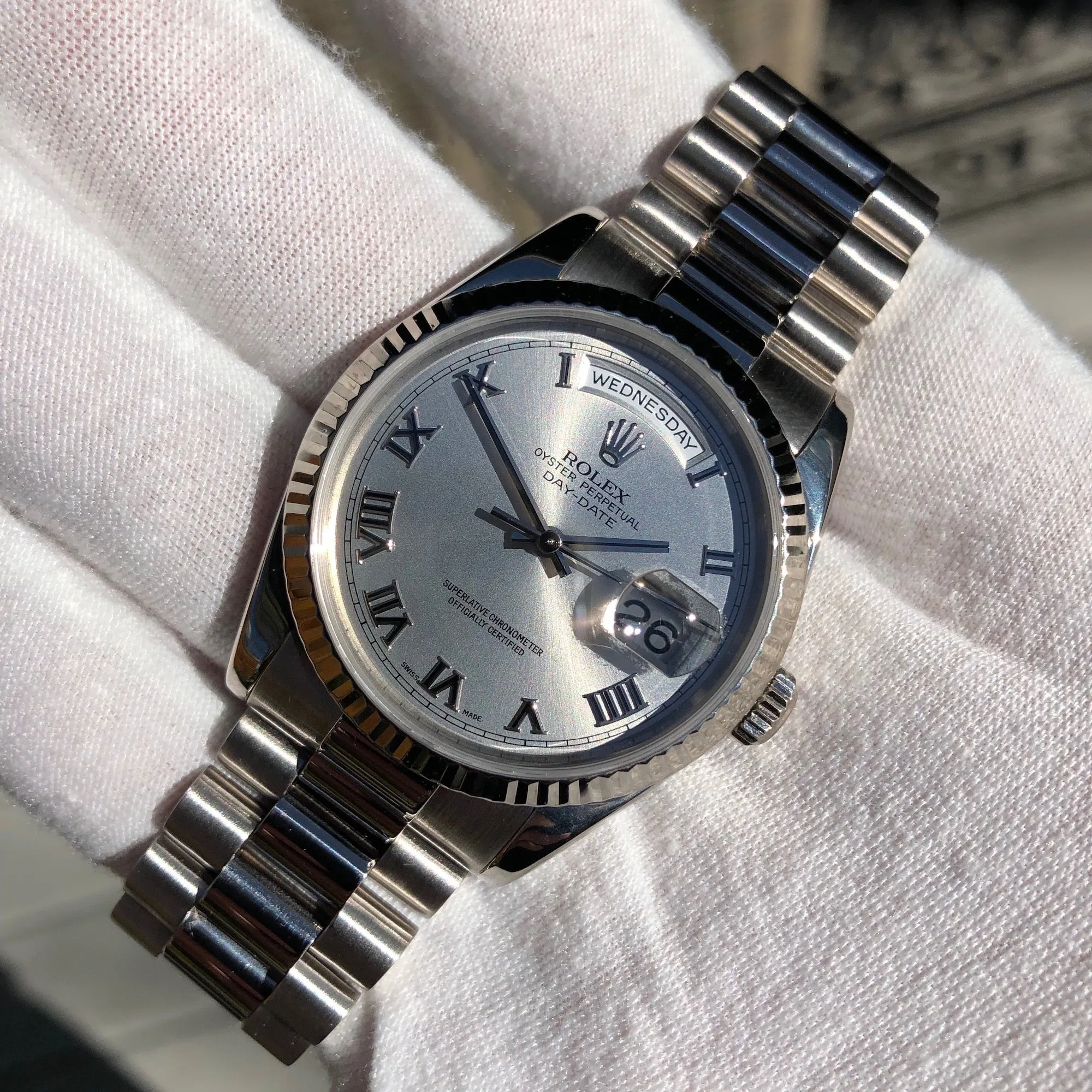 2003 Rolex President 118239 Day Date 18K White Gold Silver Roman Wristwatch