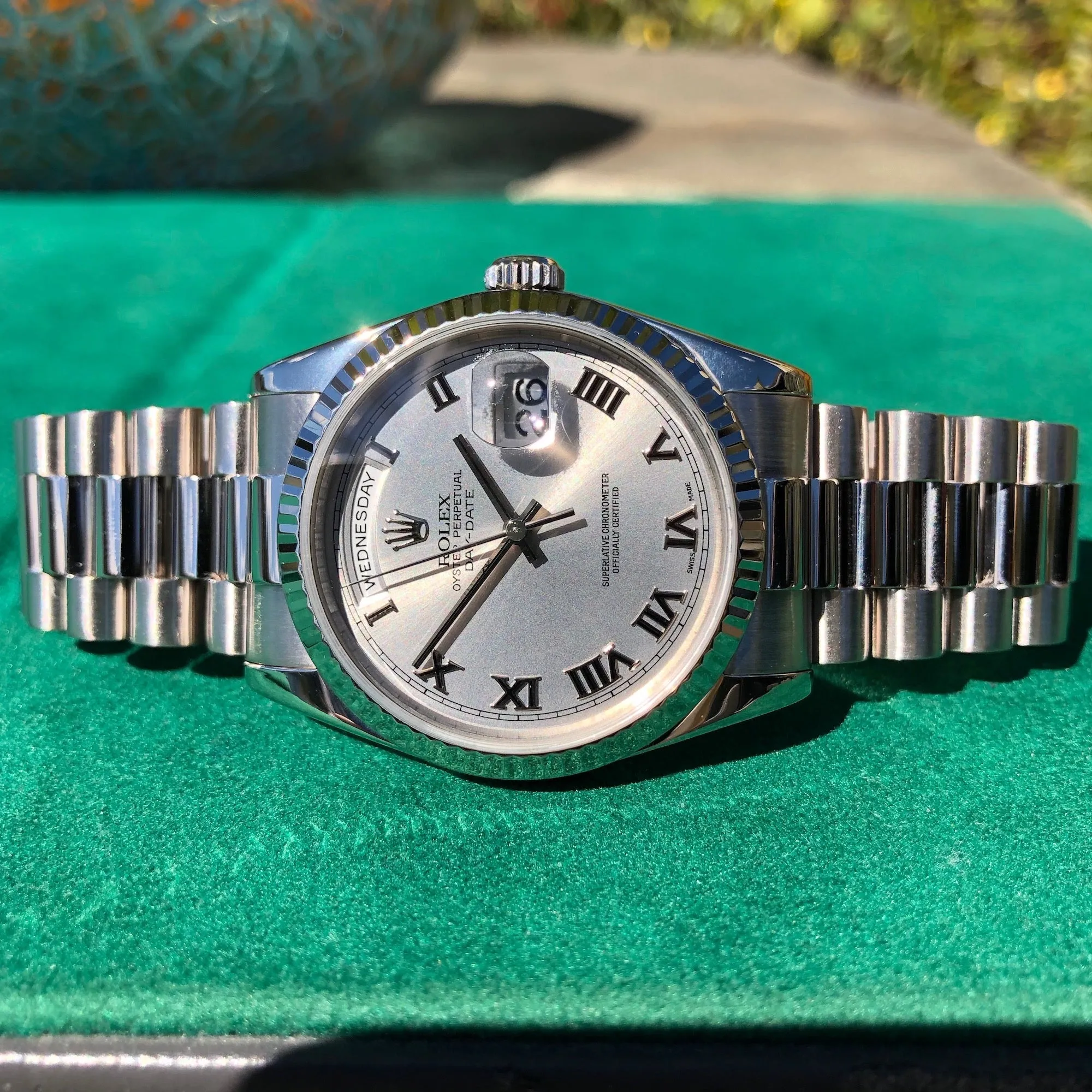 2003 Rolex President 118239 Day Date 18K White Gold Silver Roman Wristwatch