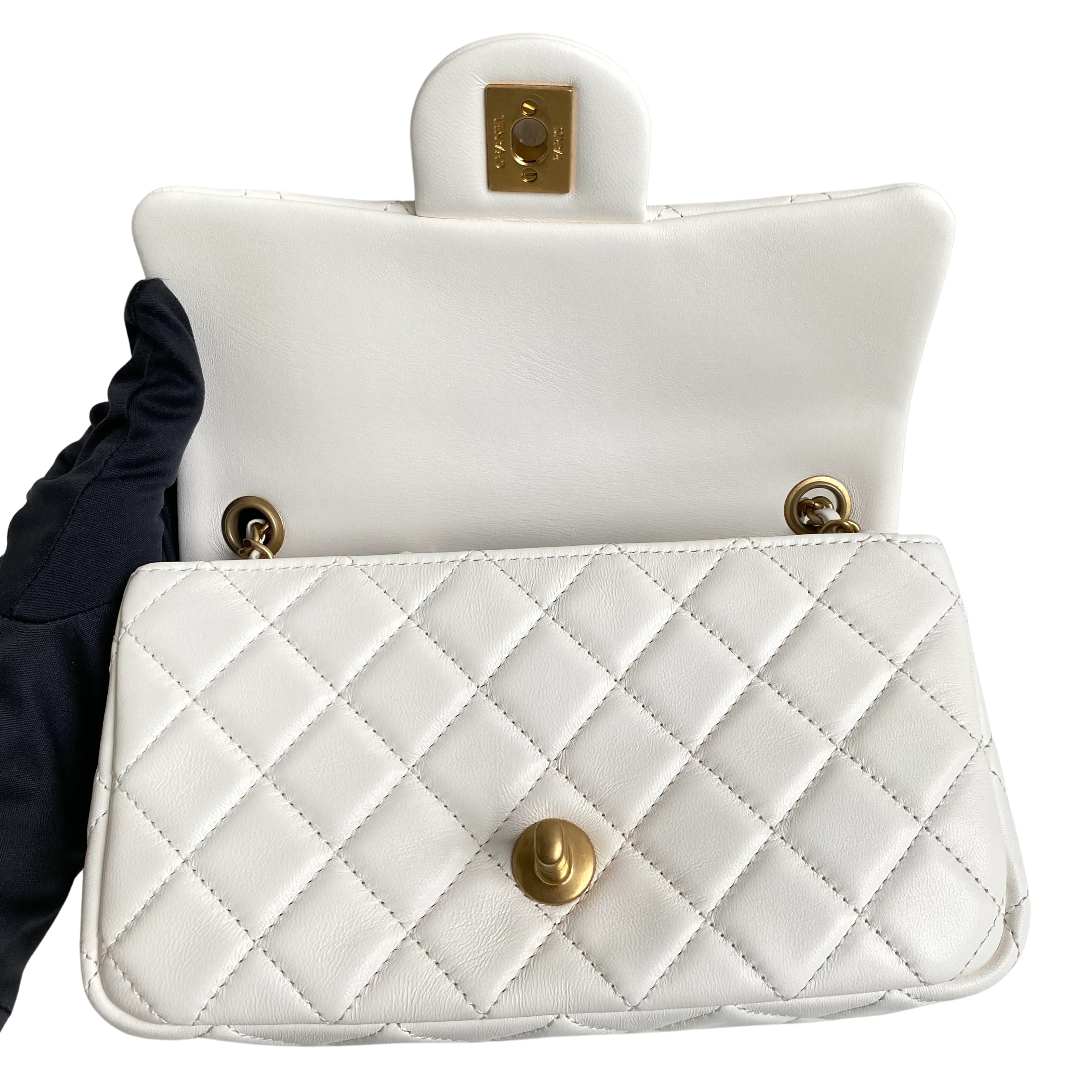 21B White Lambskin Pearl Crush Mini Rectangular Flap Bag