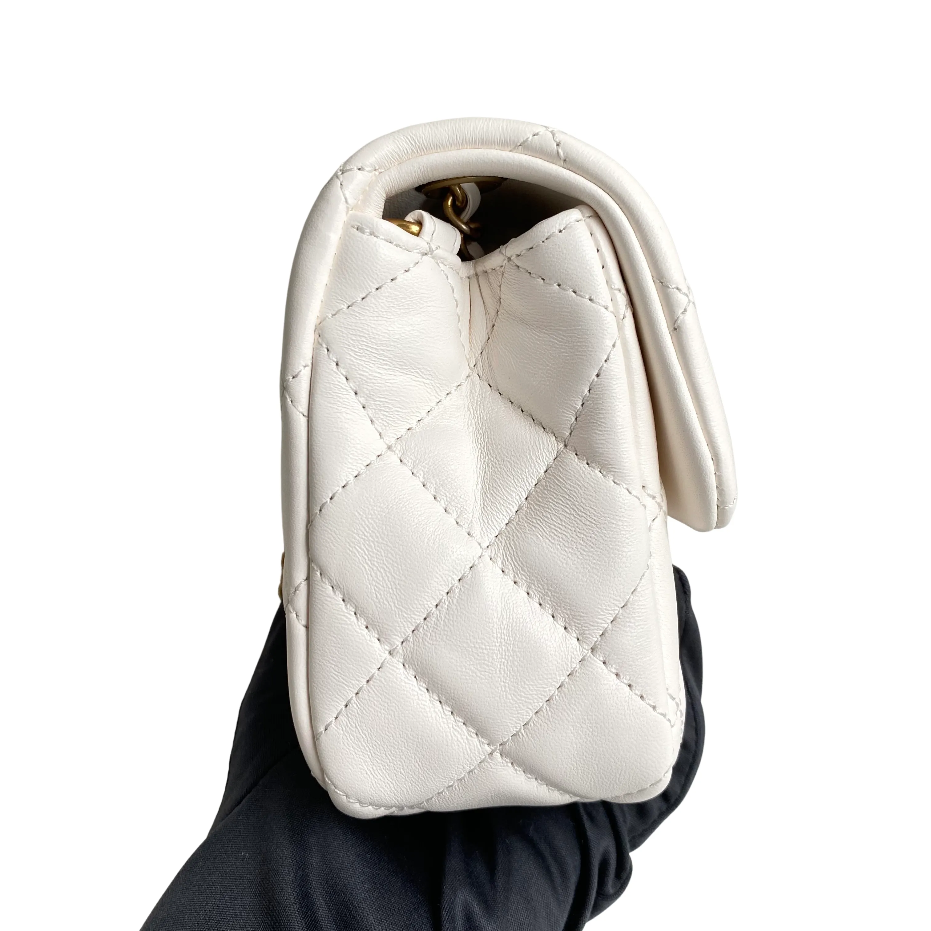 21B White Lambskin Pearl Crush Mini Rectangular Flap Bag