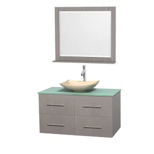 42" Single Bathroom Vanity in Gray Oak, Green Glass Countertop, Arista Ivory Marble Sink, and 36" Mirror