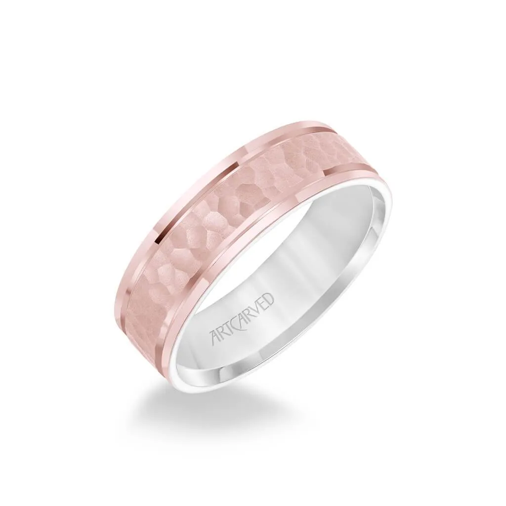 6.5MM Men's Wedding Band - Brush Hammered Finish with Flat Edge