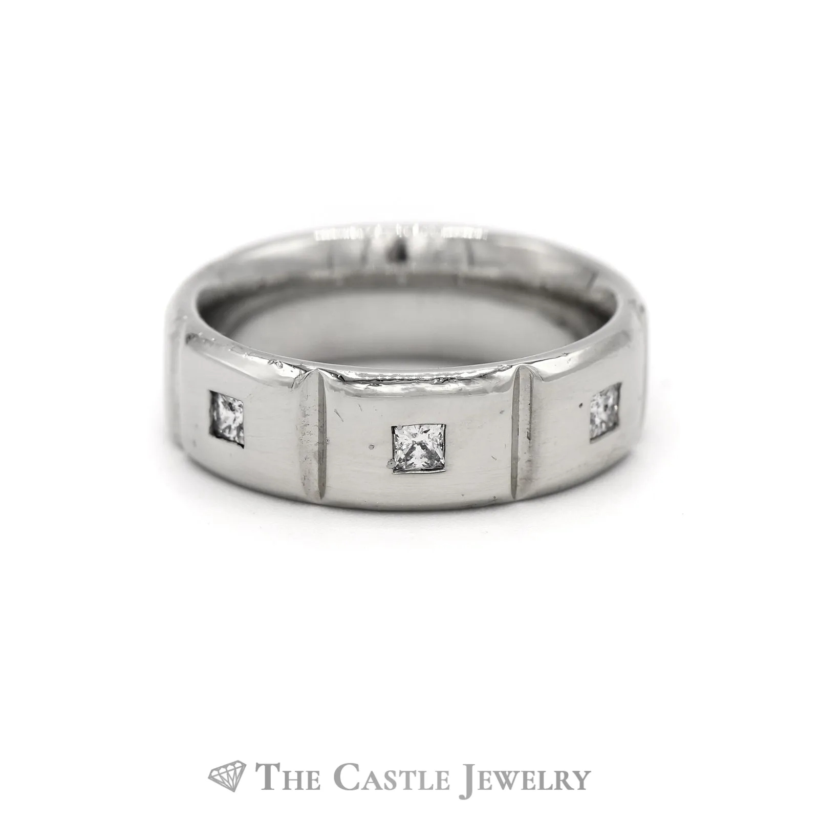 7.5mm Ridged Men's Band with Diamond Accents in 14KT White Gold