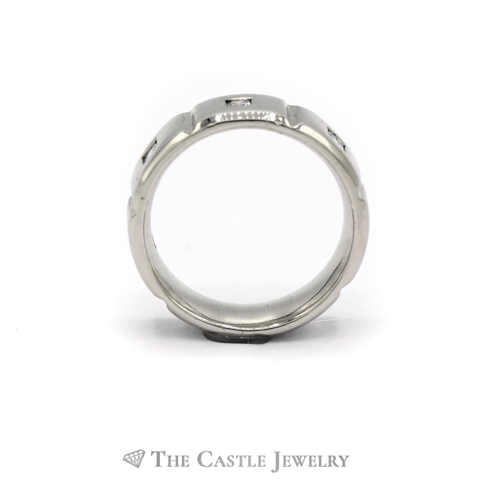 7.5mm Ridged Men's Band with Diamond Accents in 14KT White Gold