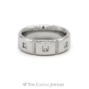 7.5mm Ridged Men's Band with Diamond Accents in 14KT White Gold