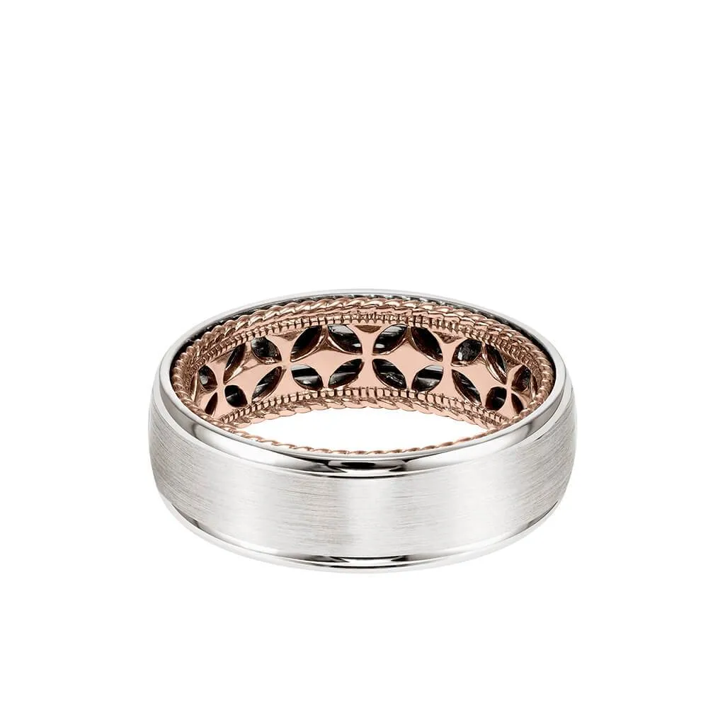 7MM Men's Contemporary Wedding Band - Bright Brush Finish and Round Edge with Inside Diamond Pattern and Rope Edge