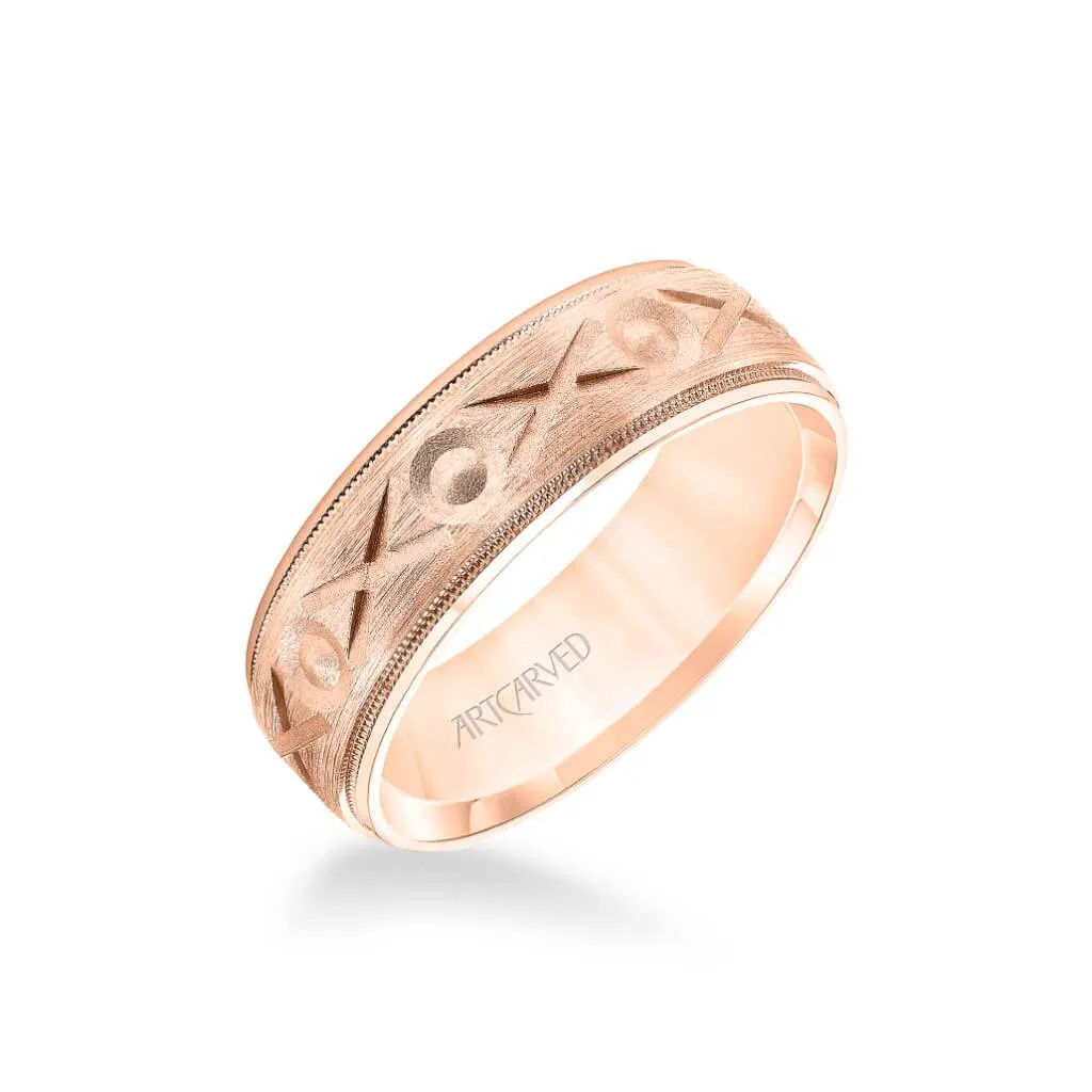 7MM Men's Wedding Band - Brush Finish with Swiss Cut XO Design with Milgrain Detail and Round Edge