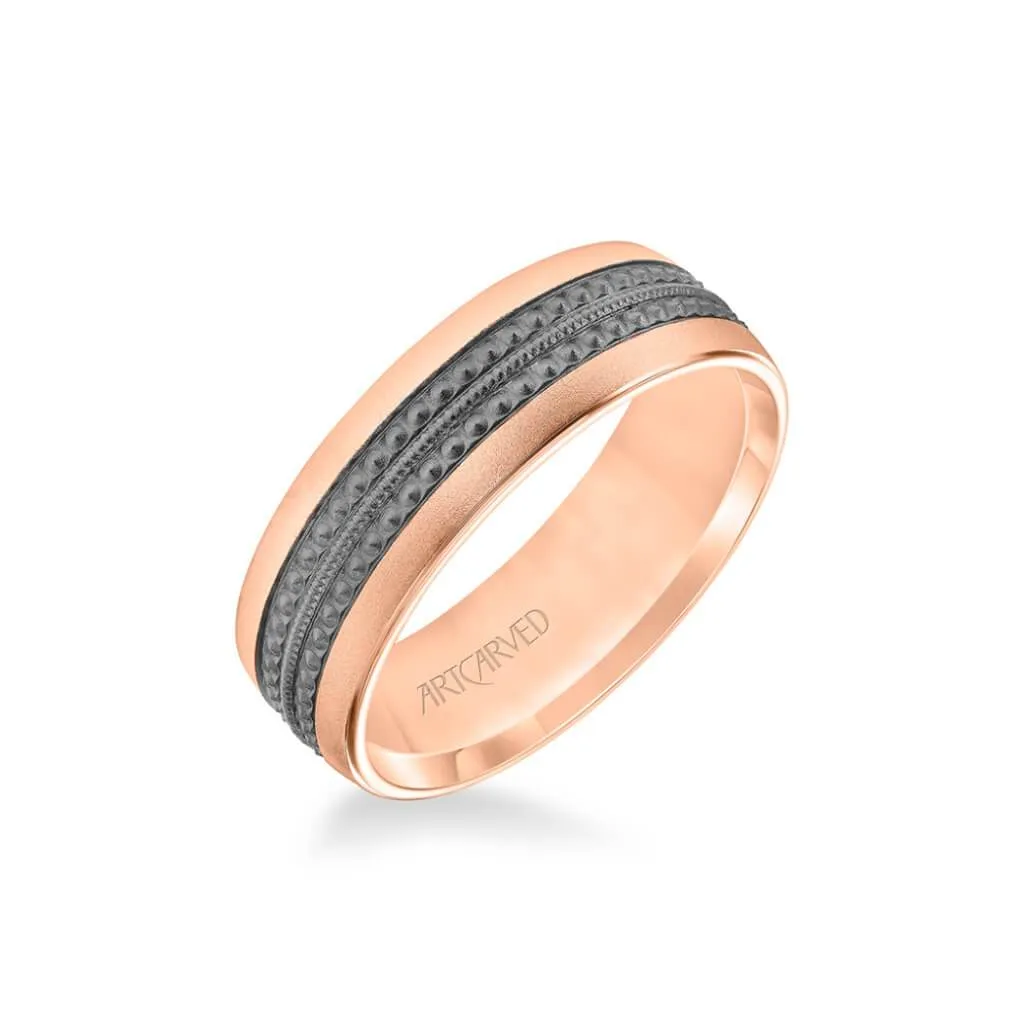 7MM Men's Wedding Band - Matte Finish with Textured Black Rhodium with Milgrain Accents and Flat Edge