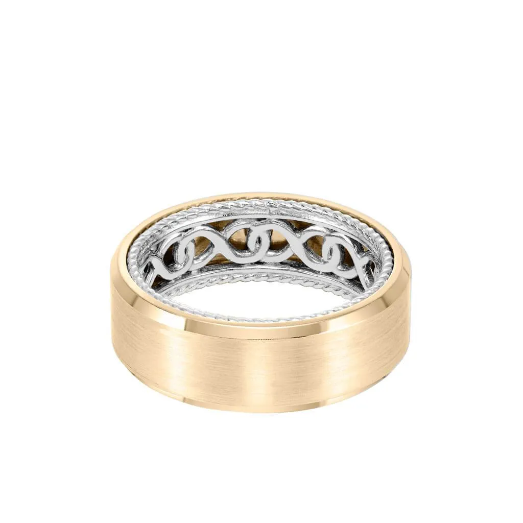 8MM Men's Contemporary Wedding Band - Bright Brush Finish and Bevel Edge with Inside Infinity Pattern and Rope Edge