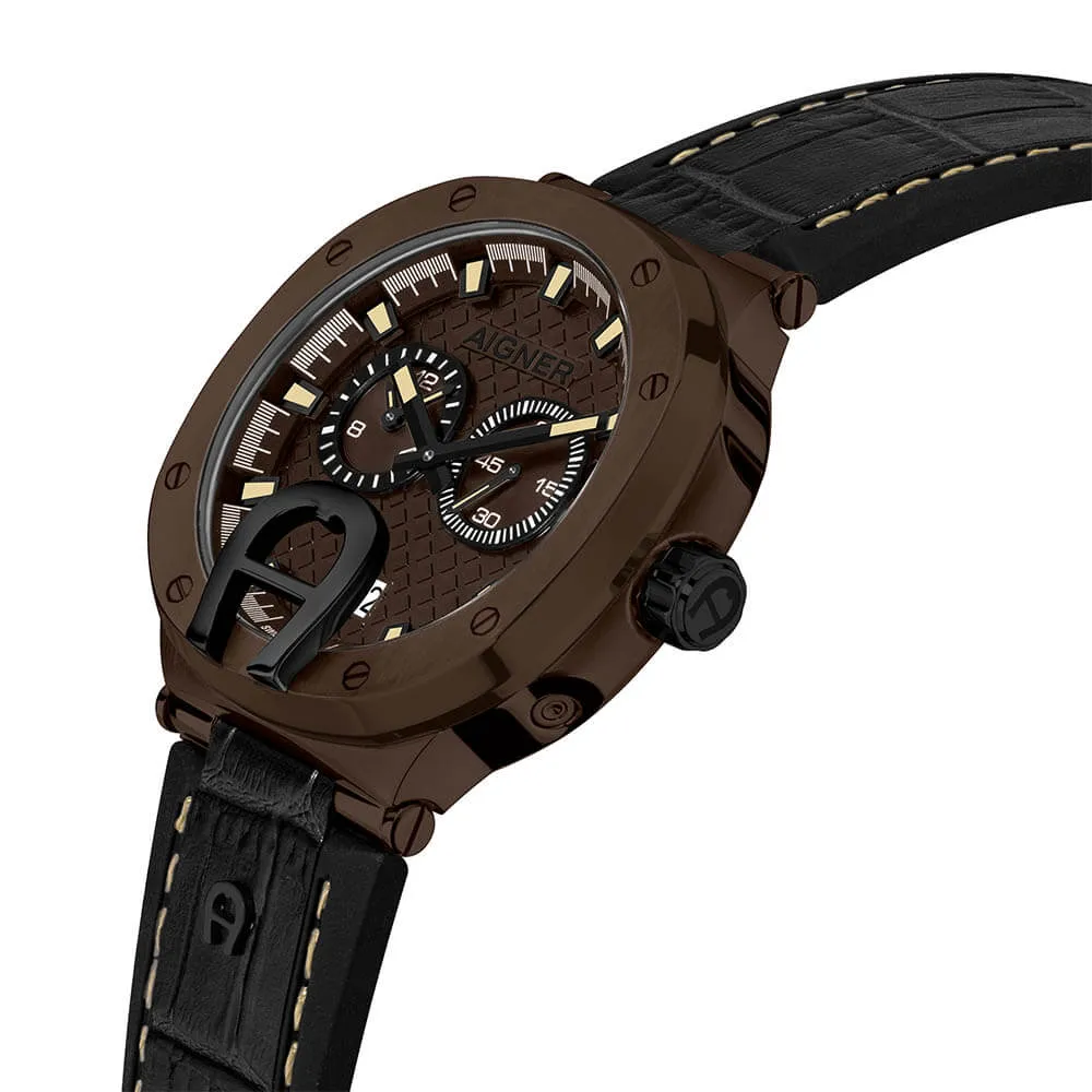 Aigner Taviano Men's Brown Dial Brown Case Black Leather Strap Watch