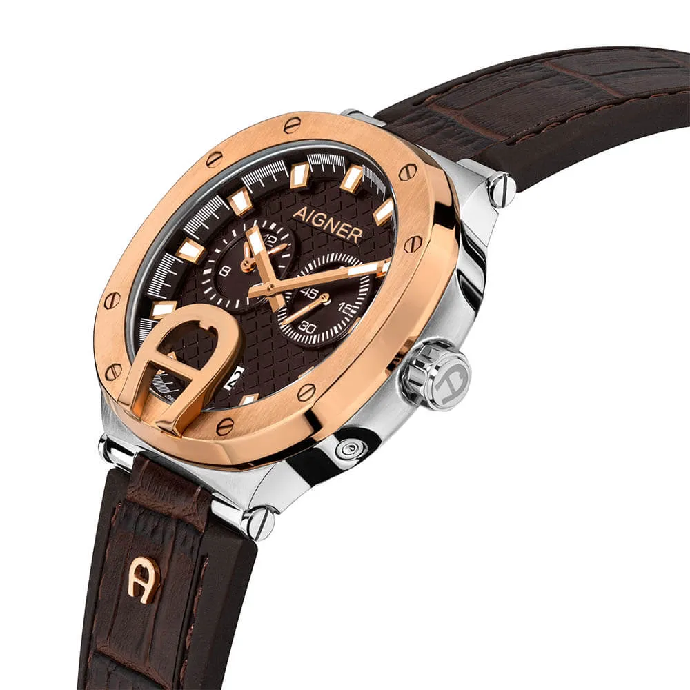 Aigner Taviano Men's Brown Dial Silver Rose Gold Case Brown Leather Strap Watch