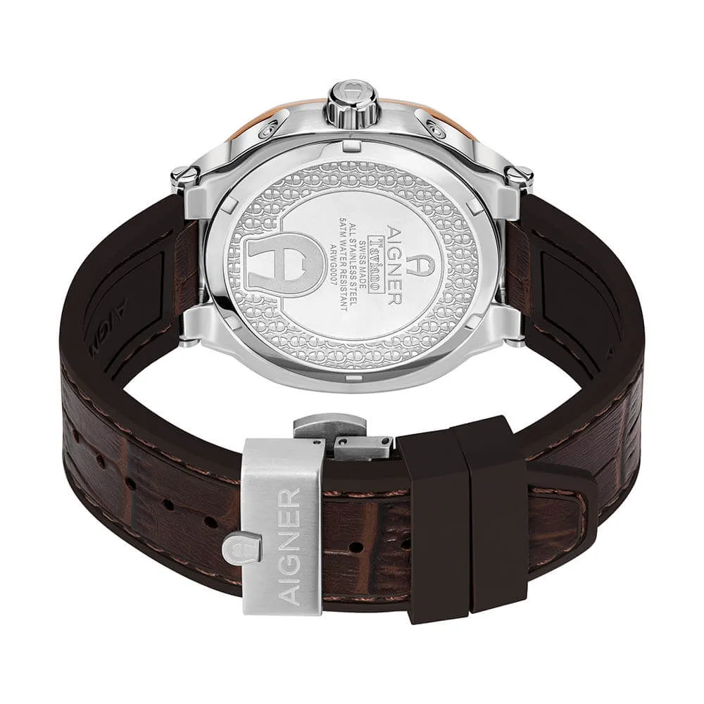 Aigner Taviano Men's Brown Dial Silver Rose Gold Case Brown Leather Strap Watch