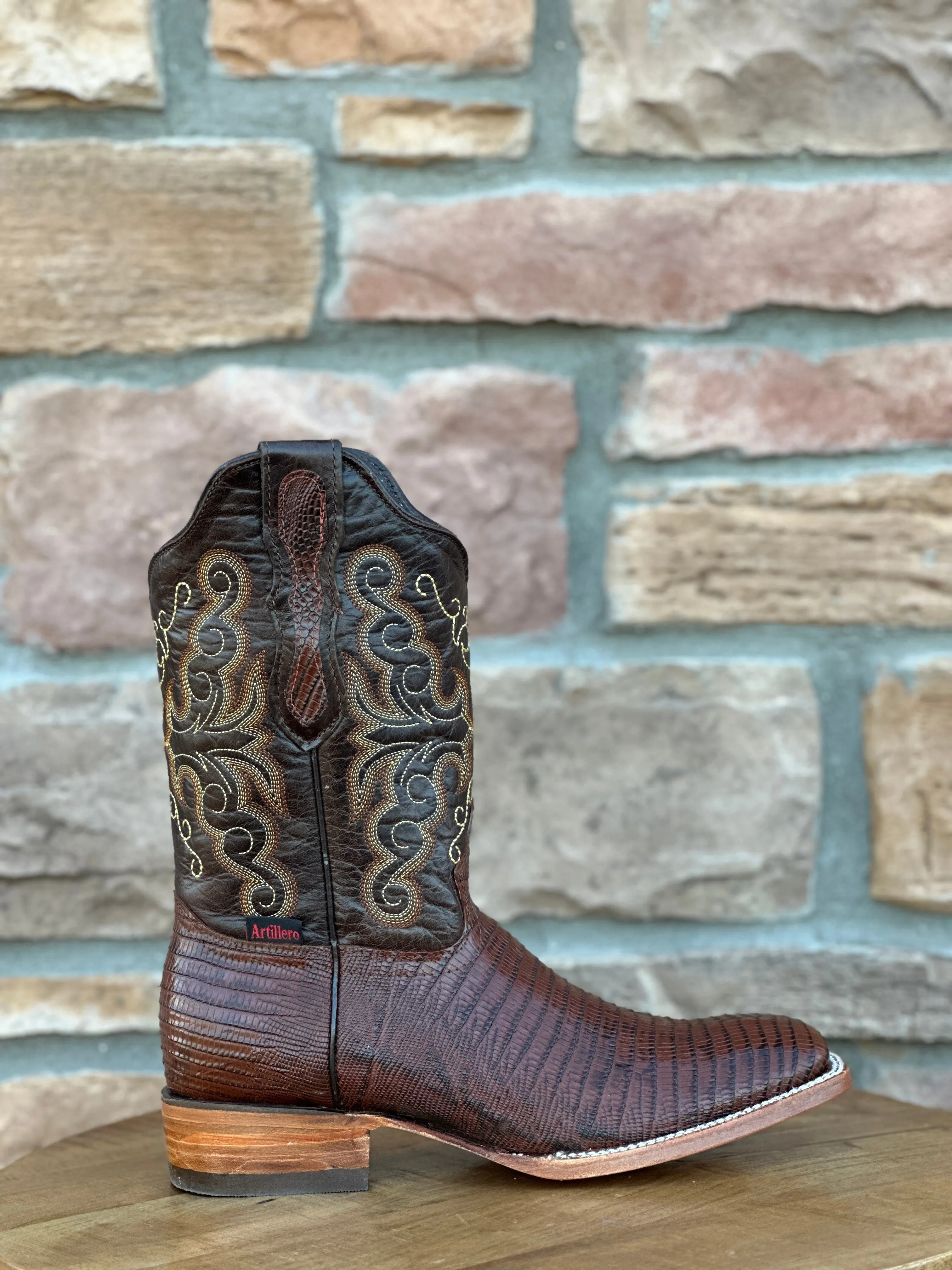 Artillero Cognac Teju Print Wide Square Toe Boots
