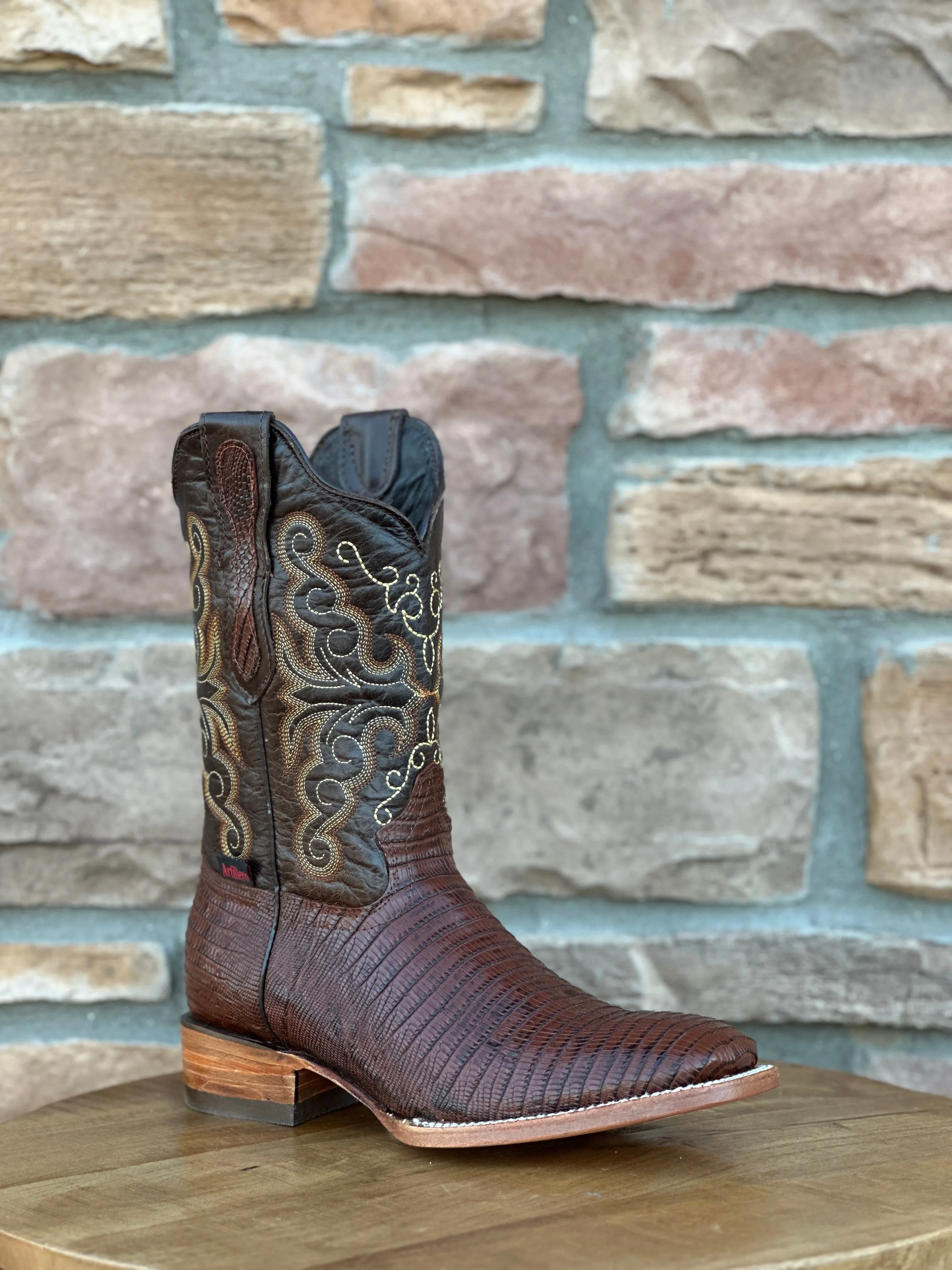 Artillero Cognac Teju Print Wide Square Toe Boots