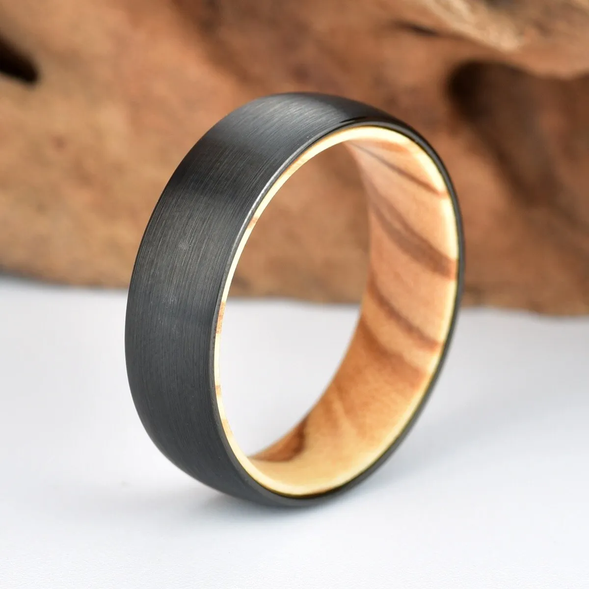 Black Tungsten Ring Exotic Olive Wood  Men's Wedding Band 8MM