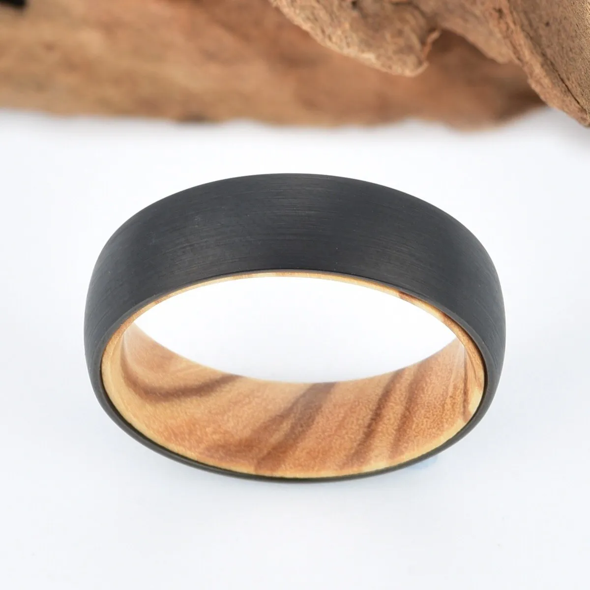 Black Tungsten Ring Exotic Olive Wood  Men's Wedding Band 8MM