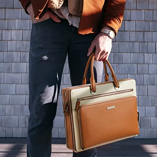 BOSTANTEN Leather Briefcase in C-Brown & Beige - High-Quality, Multifunctional with Secure Laptop Compartment