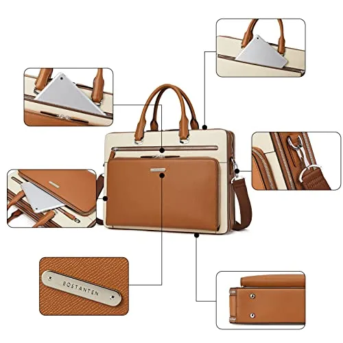 BOSTANTEN Leather Briefcase in C-Brown & Beige - High-Quality, Multifunctional with Secure Laptop Compartment