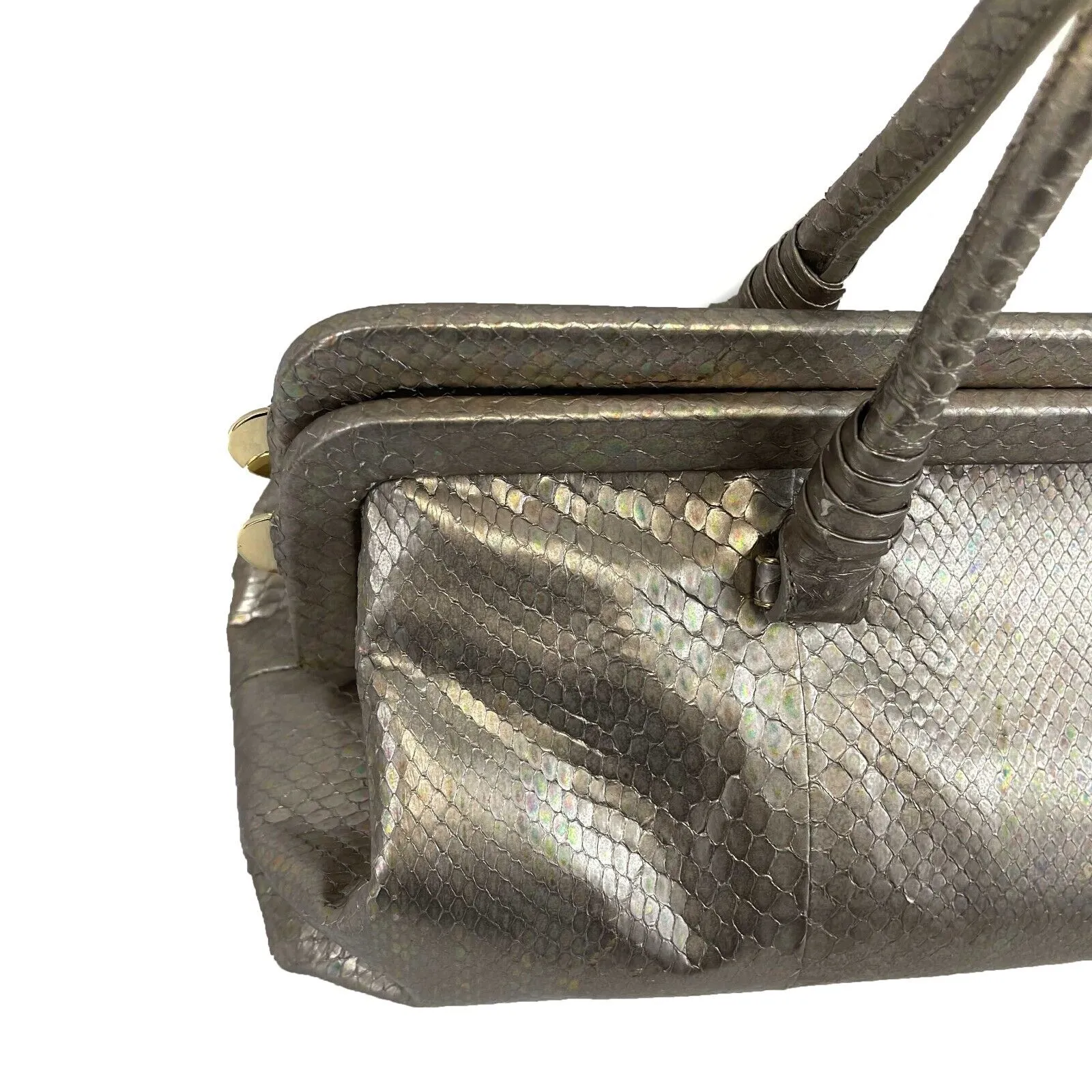 Bottega Veneta - Silver Iridescent Python Skin Top Handle Shoulder Bag