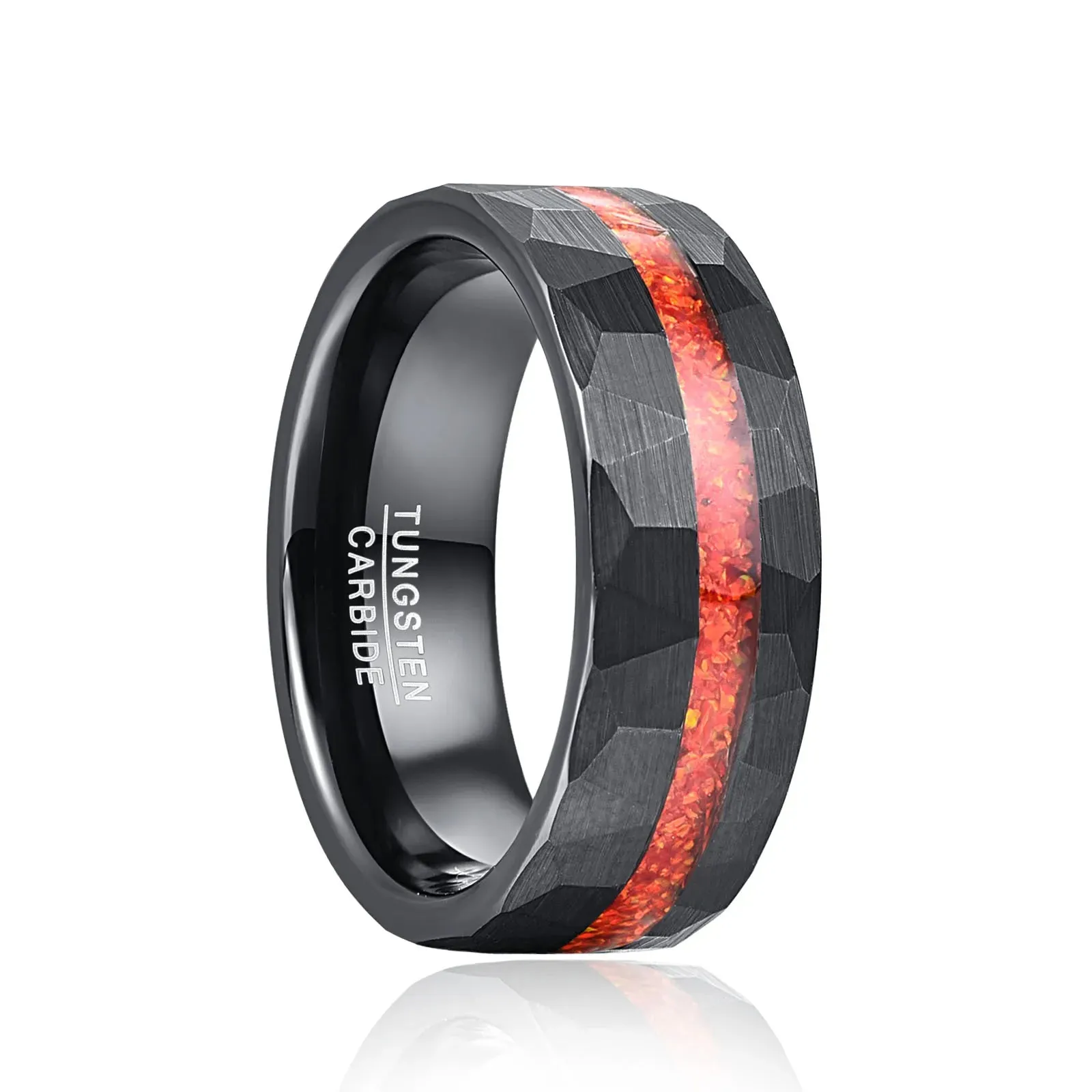 Brushed Matte Black Hammered Red Opal Inlay Tungsten Men's Ring