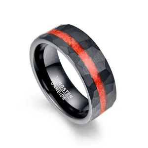 Brushed Matte Black Hammered Red Opal Inlay Tungsten Men's Ring