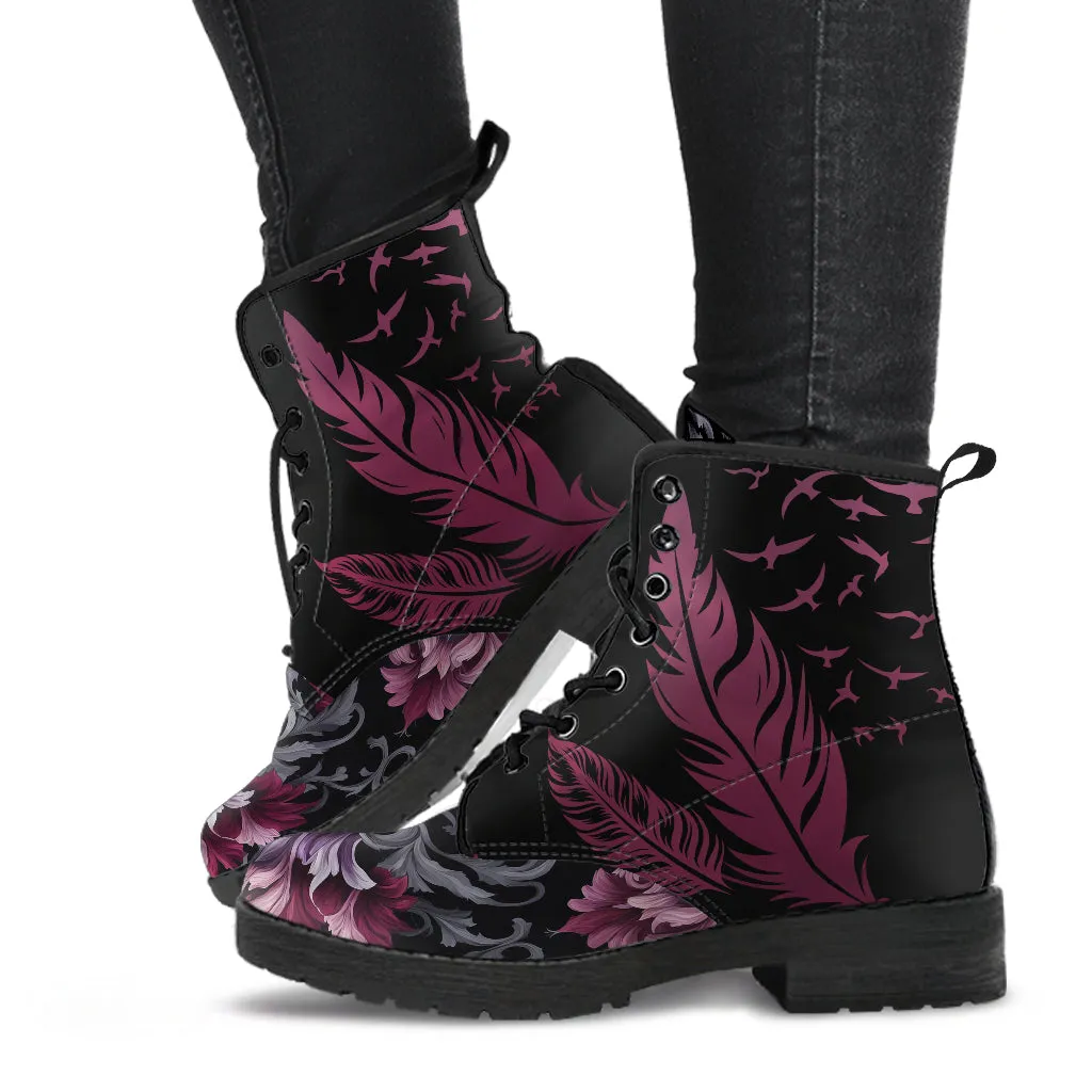 Burgundy Goth Feather Lace Up Ankle Boots, Floral Combat Boots