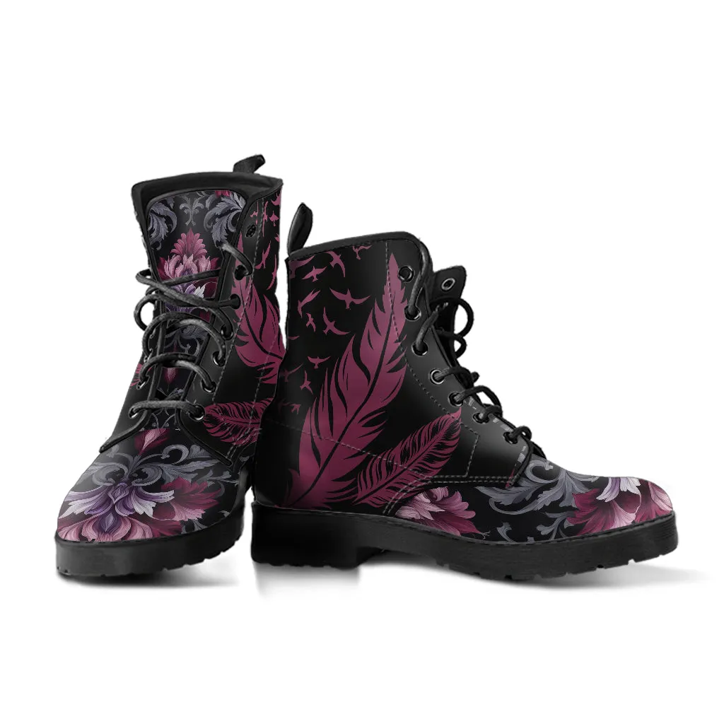Burgundy Goth Feather Lace Up Ankle Boots, Floral Combat Boots