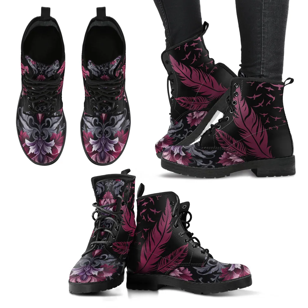Burgundy Goth Feather Lace Up Ankle Boots, Floral Combat Boots