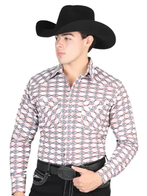 Camisa Vaquera Manga Larga de Broches Estampada Caqui para Hombre 'El General' - ID: 44317
