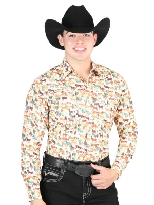 Camisa Vaquera Manga Larga de Broches Estampada Caqui para Hombre 'El General' - ID: 44324