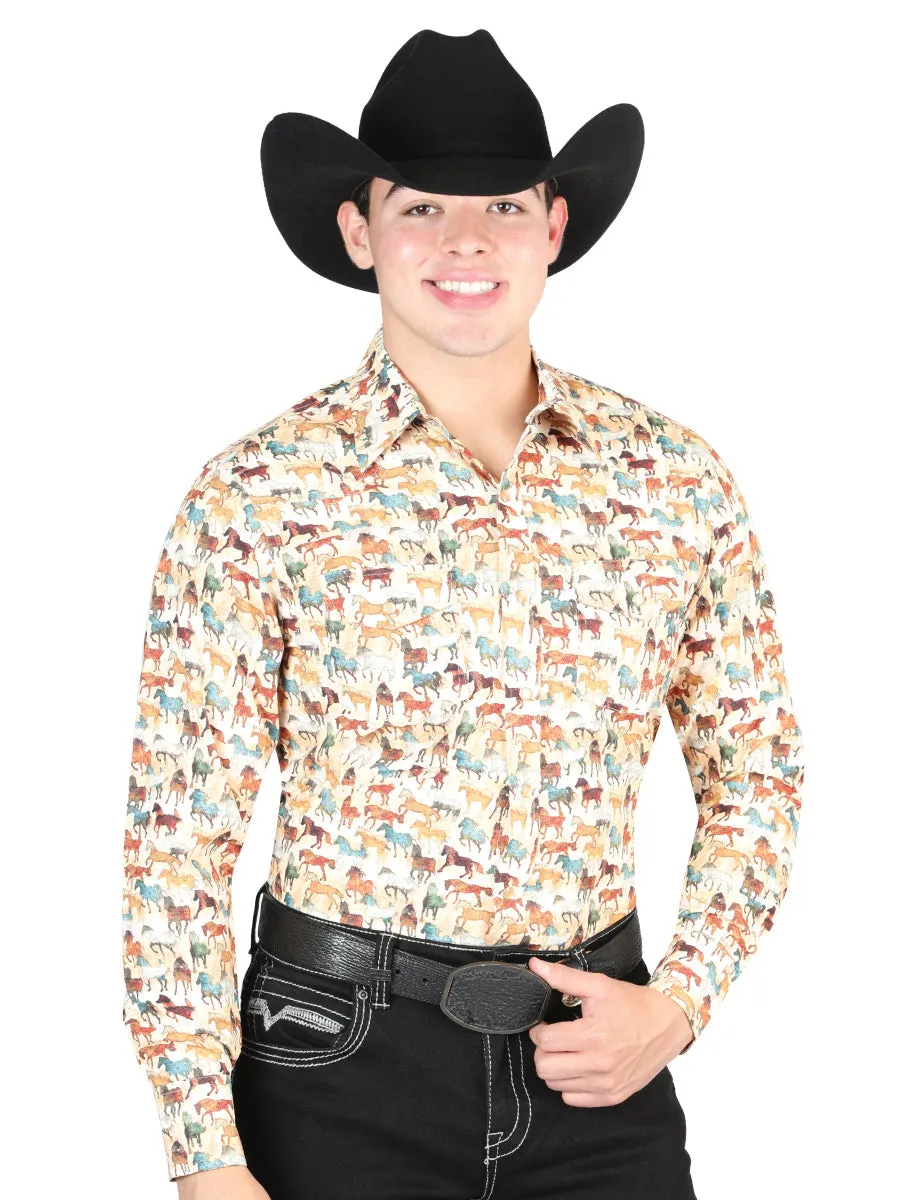 Camisa Vaquera Manga Larga de Broches Estampada Caqui para Hombre 'El General' - ID: 44324