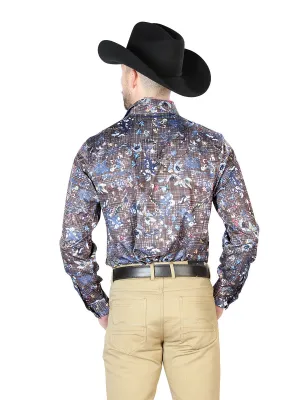Camisa Vaquera Manga Larga de Broches Estampada Marino para Hombre 'El Señor de los Cielos' - ID: 43953