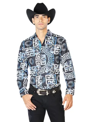 Camisa Vaquera Manga Larga Estampada Azul Marino para Hombre 'El Señor de los Cielos' - ID: 43558