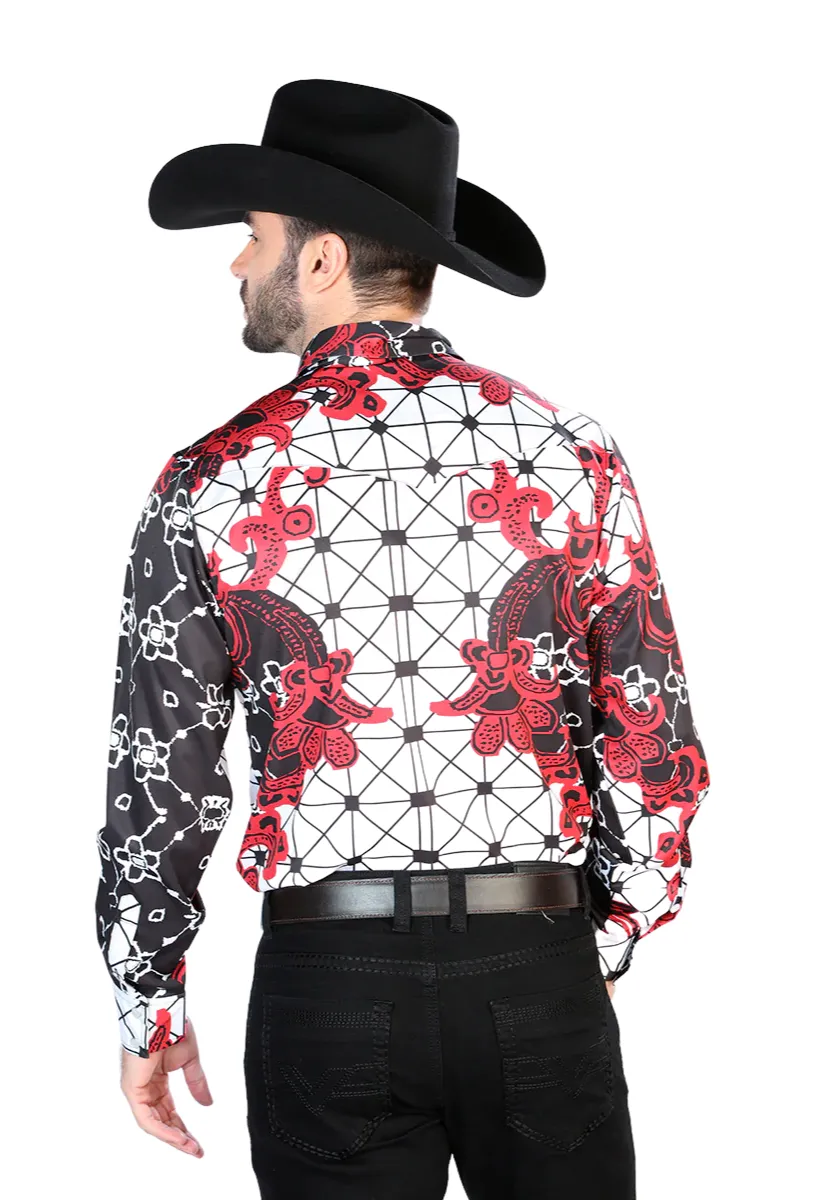 Camisa Vaquera Manga Larga Estampada Burgundy para Hombre 'El Señor de los Cielos' - ID: 44076