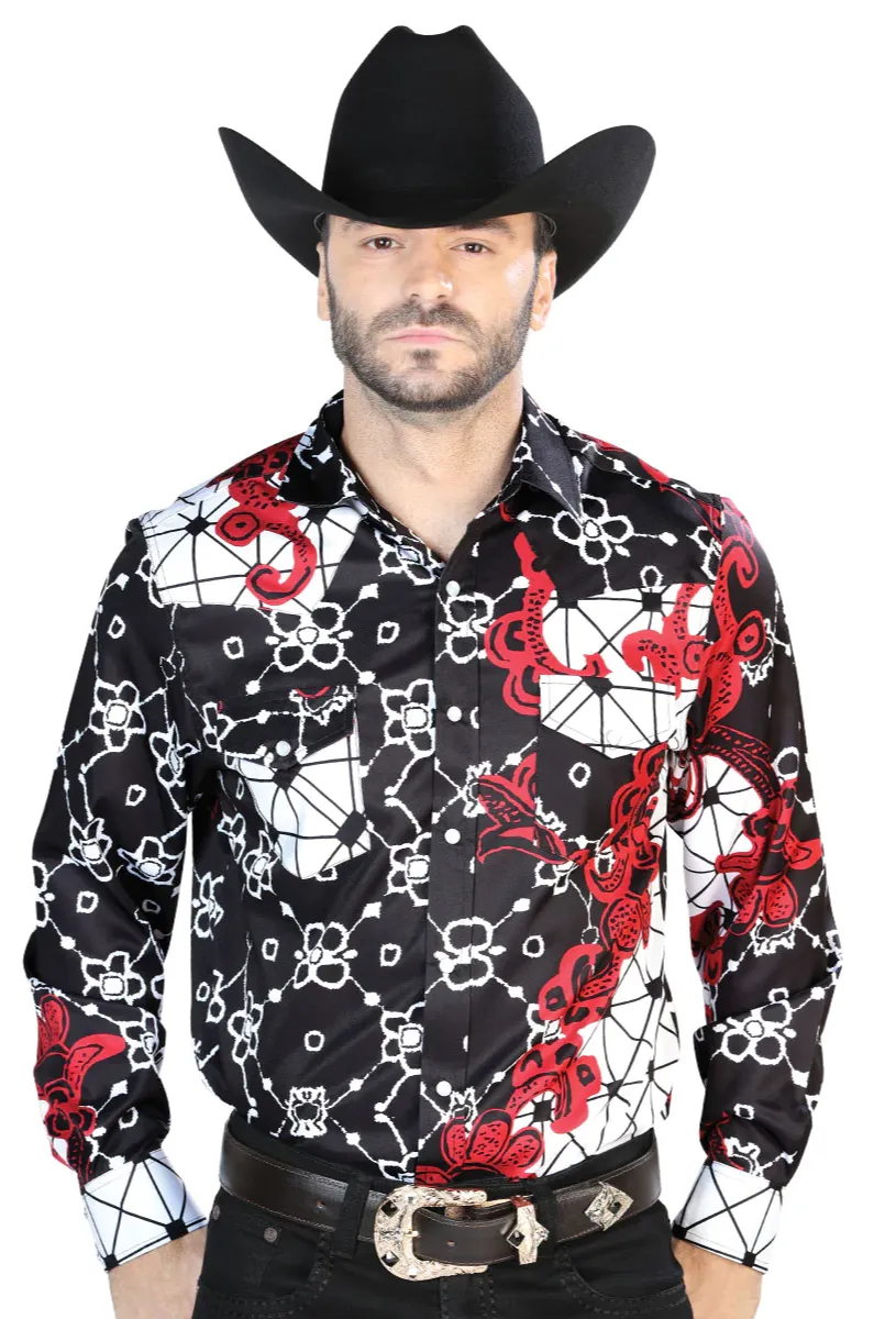Camisa Vaquera Manga Larga Estampada Burgundy para Hombre 'El Señor de los Cielos' - ID: 44076