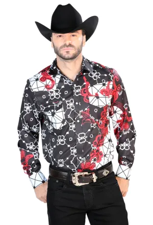Camisa Vaquera Manga Larga Estampada Burgundy para Hombre 'El Señor de los Cielos' - ID: 44076