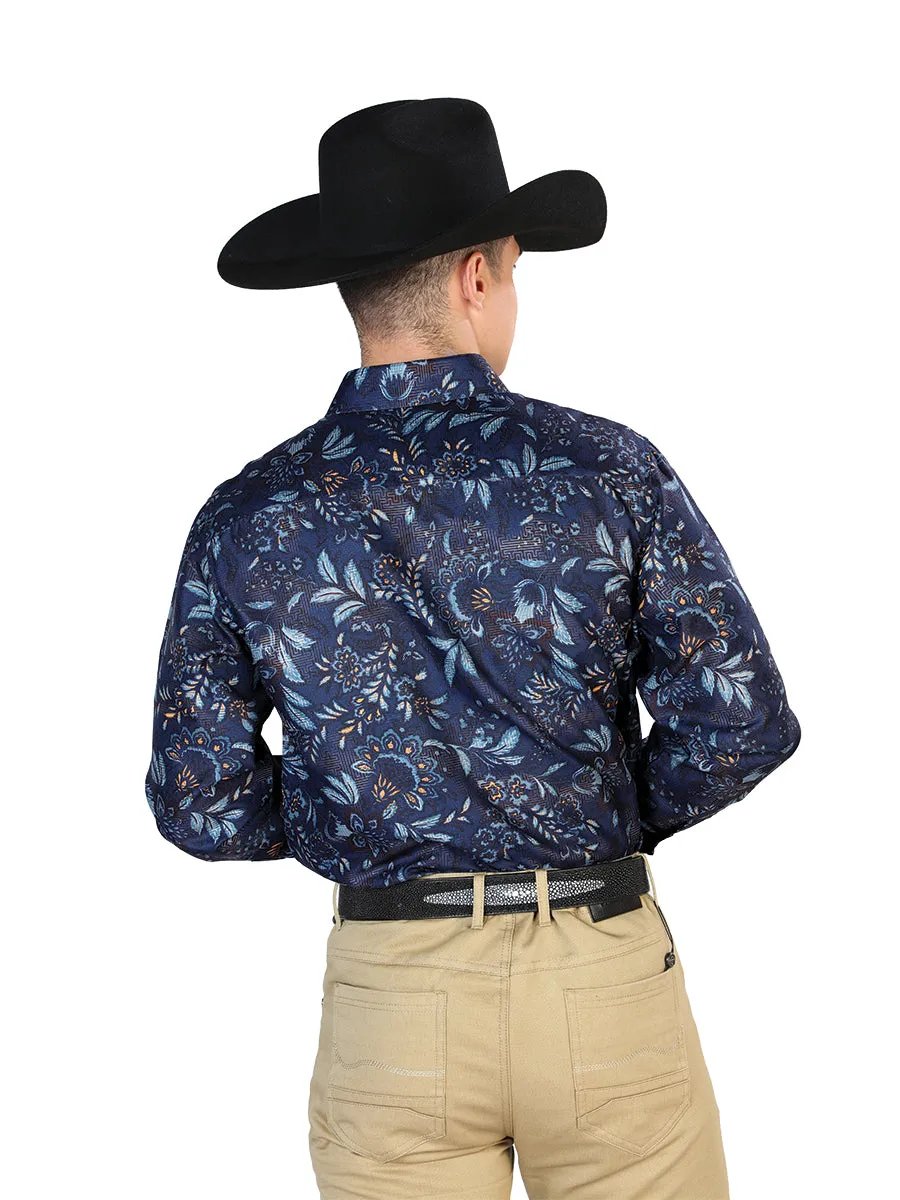 Camisa Vaquera Manga Larga Estampada Floral Marino para Hombre 'El Señor de los Cielos' - ID: 43870