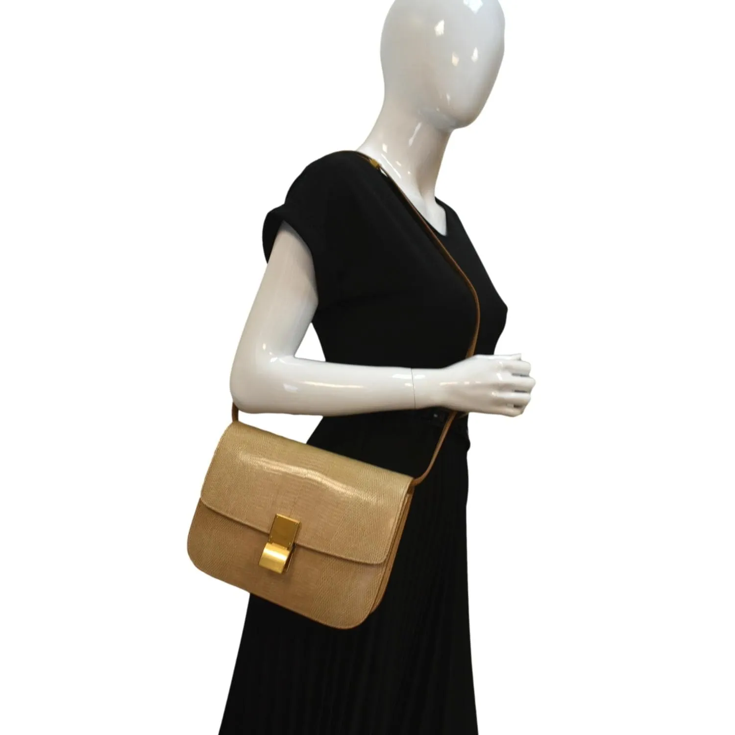CELINE Classic Box Medium Lizard Leather Shoulder Bag Beige